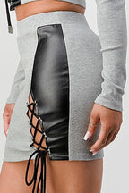 2 Piece Set With Cropped Long Sleeve Shirt With Pu Leather Detail Matching Mini Skirt | Mixtshop LLC