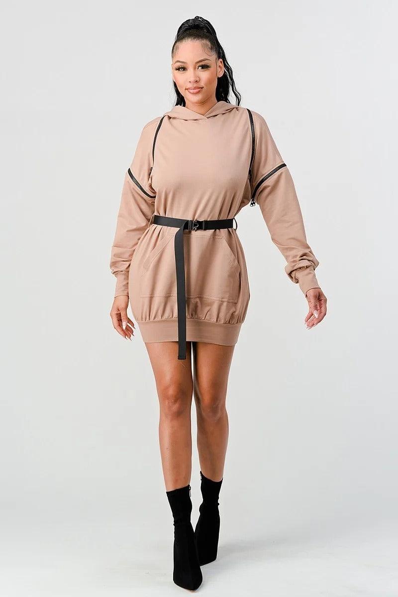 Double Zipper Long Sleeve Hooded Mini Dress | Mixtshop LLC