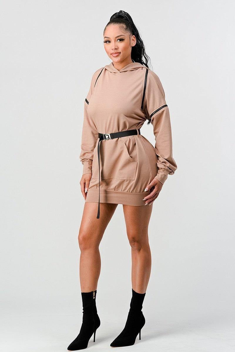Double Zipper Long Sleeve Hooded Mini Dress | Mixtshop LLC