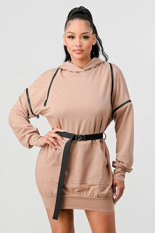 Double Zipper Long Sleeve Hooded Mini Dress | Mixtshop LLC