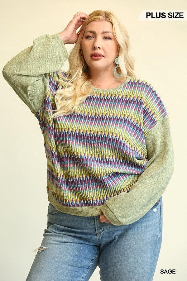 Novelty Knit And Solid Knit Mixed Loose Top With Drop Down Shoulder | Mixtshop LLC Main image