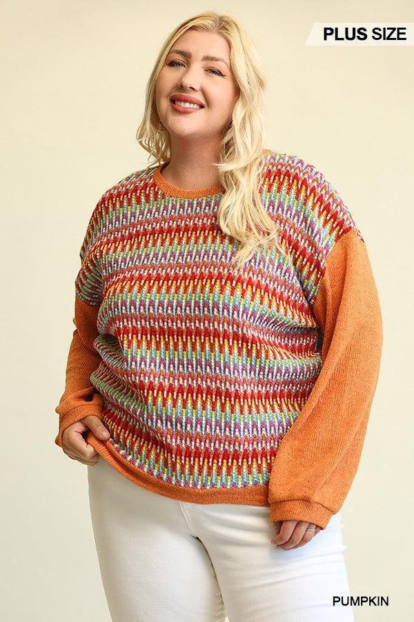 Novelty Knit And Solid Knit Mixed Loose Top With Drop Down Shoulder | Mixtshop LLC Main image