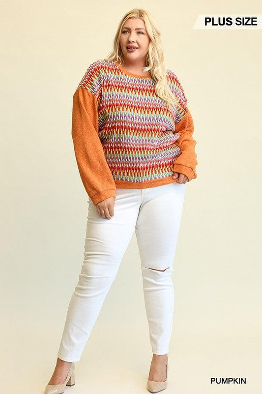 Novelty Knit And Solid Knit Mixed Loose Top With Drop Down Shoulder | Mixtshop LLC