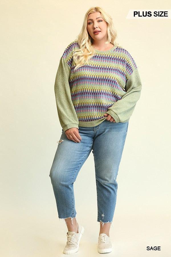 Novelty Knit And Solid Knit Mixed Loose Top With Drop Down Shoulder Secondary image