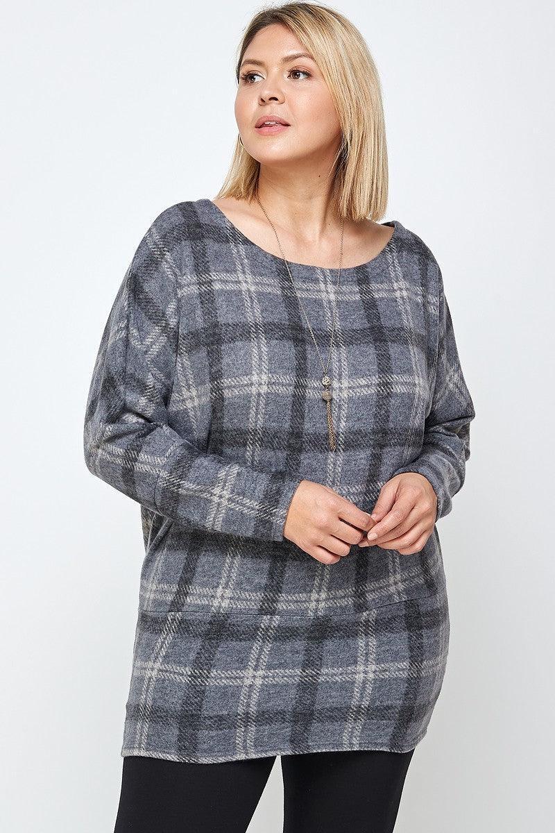 Boat Neck, Plaid Print Tunic Top, With Long Dolman Sleeves | Mixtshop LLC Main image