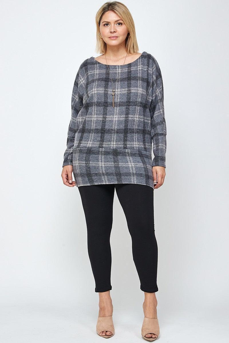 Boat Neck, Plaid Print Tunic Top, With Long Dolman Sleeves Secondary image