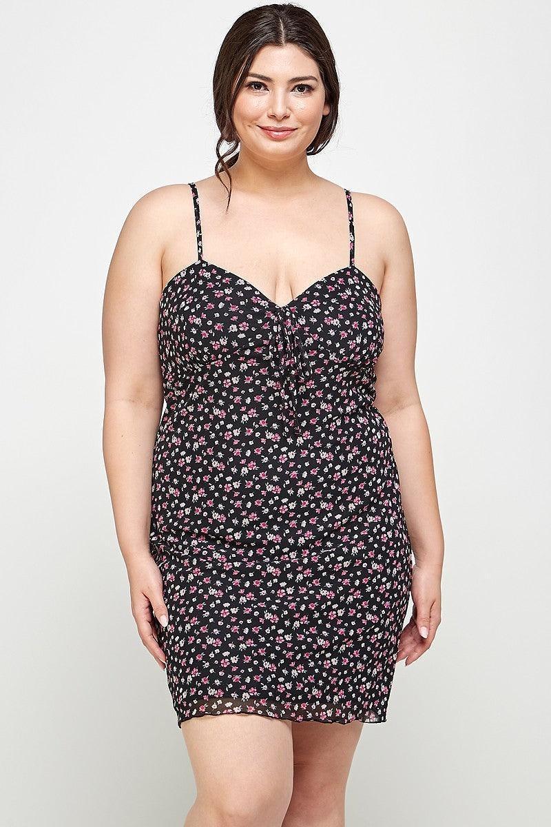 Plus Size Ditsy Floral Print On Mesh Fabric Cami Dress | Mixtshop LLC Main image