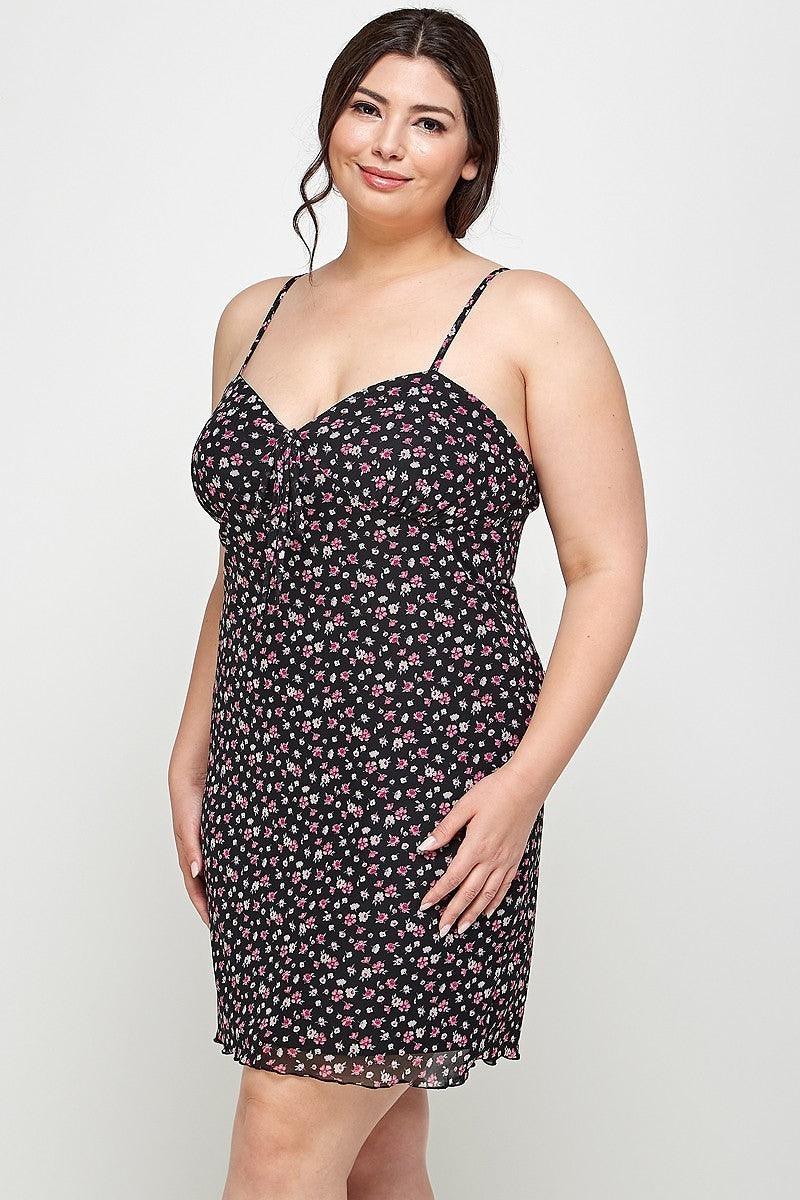 Plus Size Ditsy Floral Print On Mesh Fabric Cami Dress | Mixtshop LLC