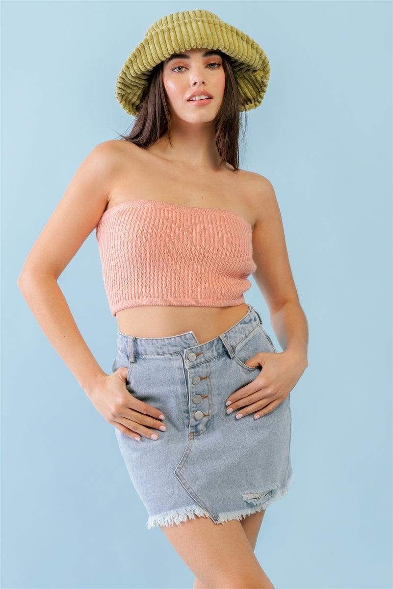 Dusty Peach Knit Strapless Crop Top | Mixtshop LLC Main image