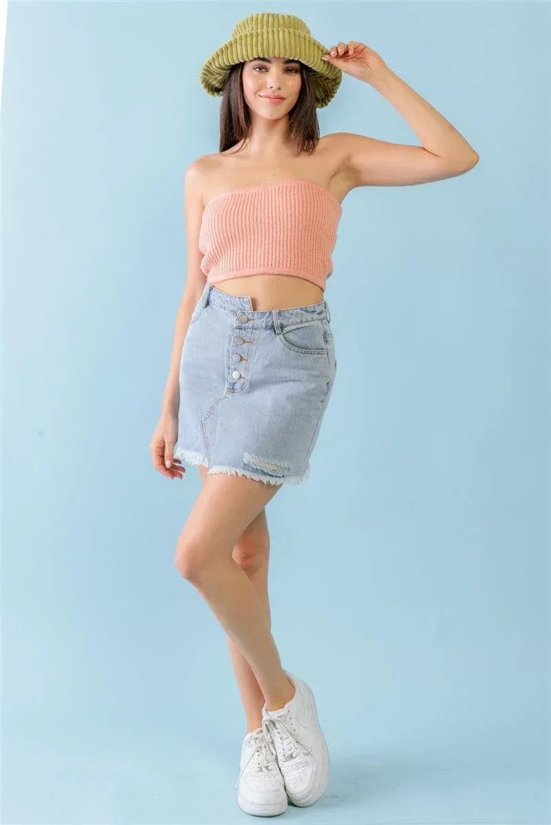 Dusty Peach Knit Strapless Crop Top Secondary image