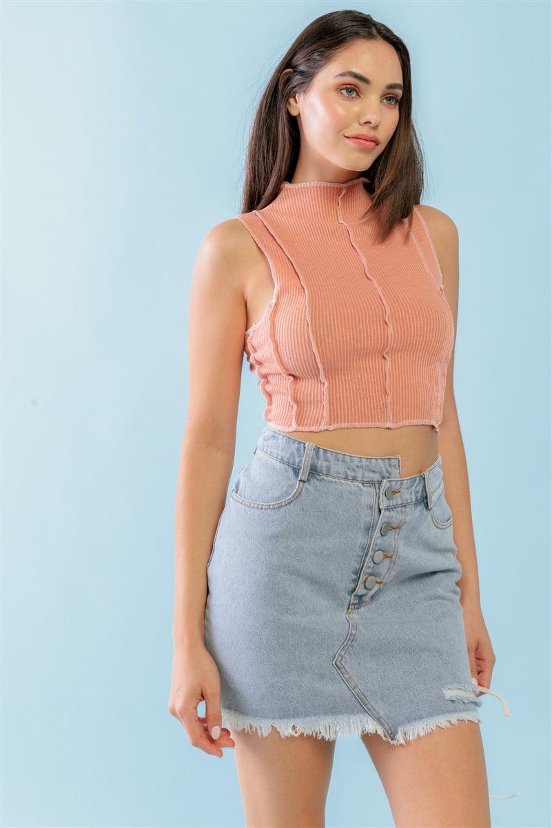 Dark Peach Ribbed Inside-out Sleeveless Mock Neck Crop Top | Mixtshop LLC