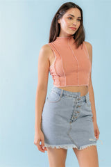 Dark Peach Ribbed Inside-out Sleeveless Mock Neck Crop Top | Mixtshop LLC