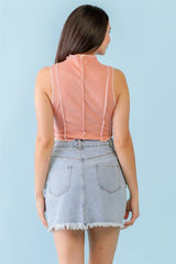 Dark Peach Ribbed Inside-out Sleeveless Mock Neck Crop Top | Mixtshop LLC