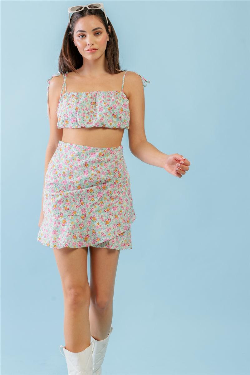 Mint Fuchsia Print Cotton Sleeveless Strappy Crop Top & High Waist Wrap Hem Mini Skirt Set Secondary image
