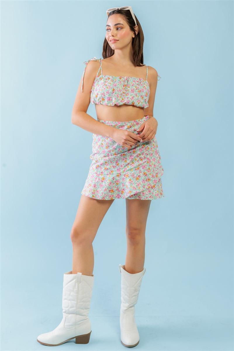 Mint Fuchsia Print Cotton Sleeveless Strappy Crop Top & High Waist Wrap Hem Mini Skirt Set | Mixtshop LLC