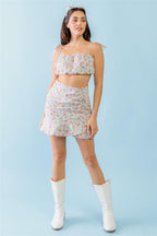 Mint Fuchsia Print Cotton Sleeveless Strappy Crop Top & High Waist Wrap Hem Mini Skirt Set | Mixtshop LLC