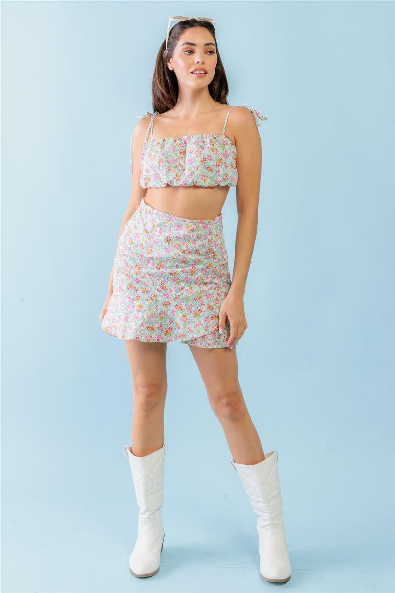 Mint Fuchsia Print Cotton Sleeveless Strappy Crop Top & High Waist Wrap Hem Mini Skirt Set | Mixtshop LLC