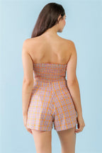 Orange & Aqua Plaid Print Cotton Strapless Crop Top & High Waist Two Pocket Shorts Set | Mixtshop LLC