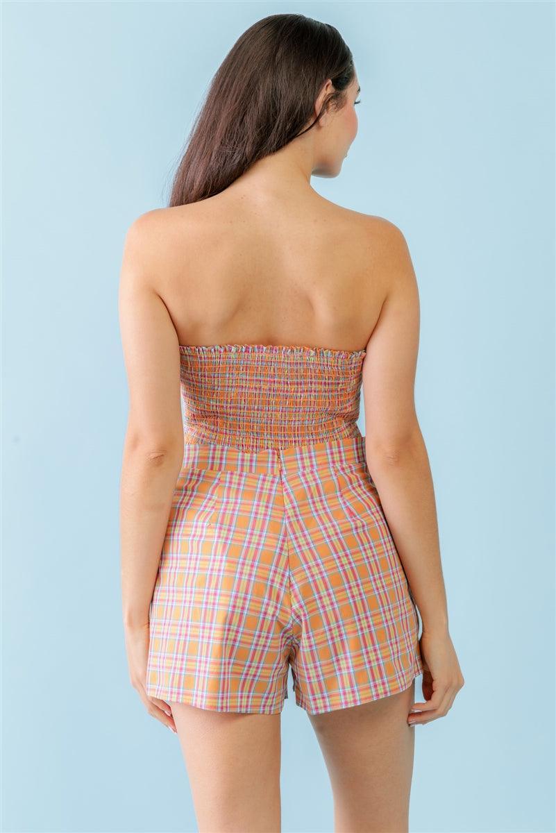 Orange & Aqua Plaid Print Cotton Strapless Crop Top & High Waist Two Pocket Shorts Set | Mixtshop LLC