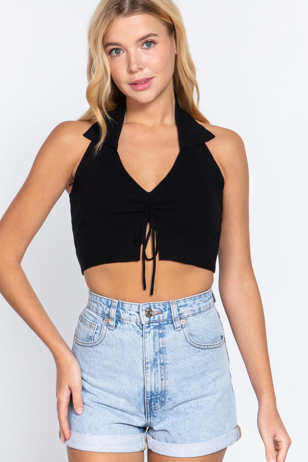Halter Ruched Crop Sweater Knit Top | Mixtshop LLC Main image