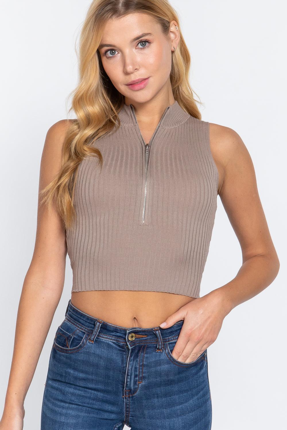 Sleeveless Rib Sweater Top W/zipper | Mixtshop LLC Main image