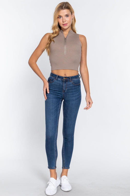 Sleeveless Rib Sweater Top W/zipper | Mixtshop LLC