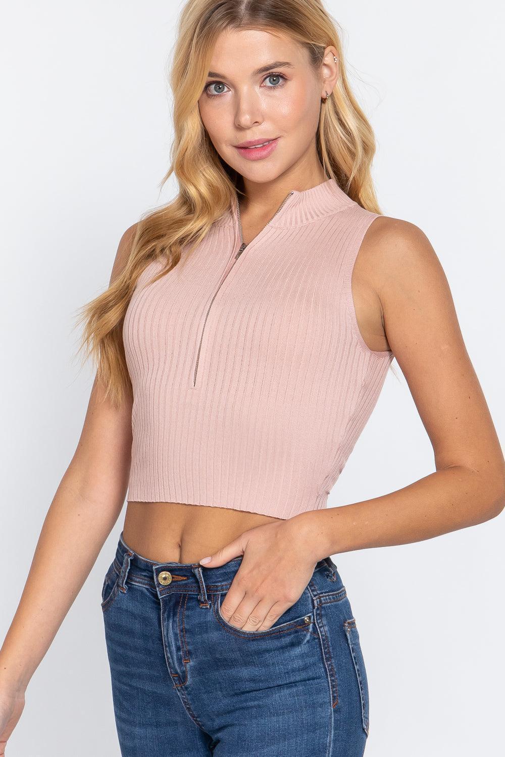 Sleeveless Rib Sweater Top W/zipper | Mixtshop LLC