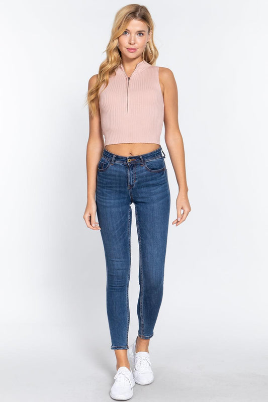 Sleeveless Rib Sweater Top W/zipper | Mixtshop LLC
