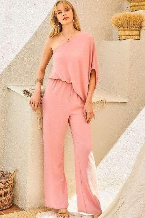 One Shoulder 3/4 Sleeve Unbalanced Waist Elastic Solid Pants Jumpsuit | Mixtshop LLC Main image