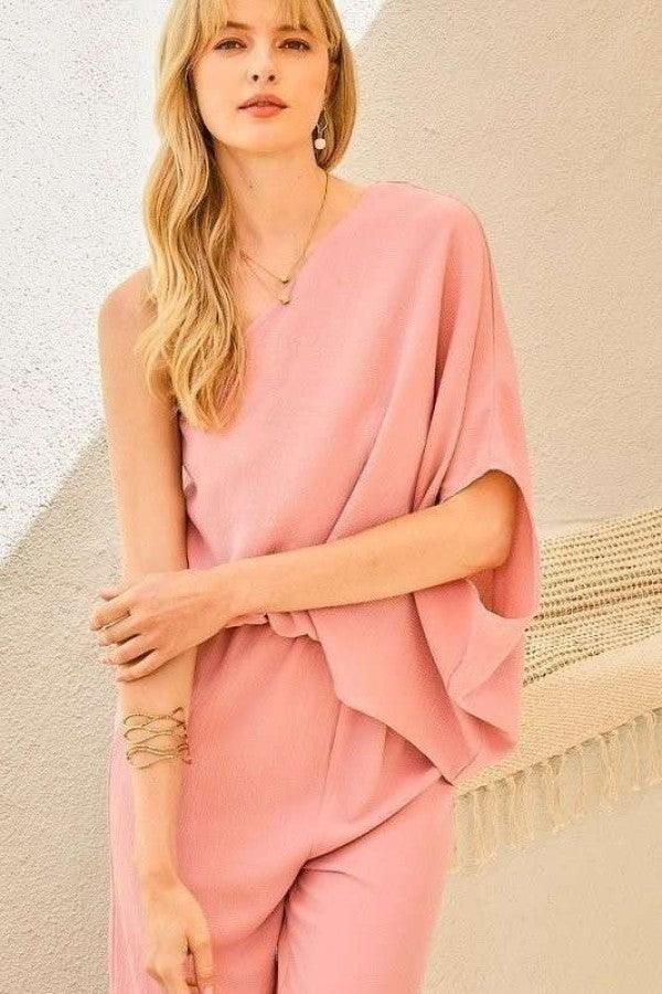 One Shoulder 3/4 Sleeve Unbalanced Waist Elastic Solid Pants Jumpsuit Secondary image