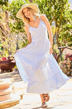 V-neck Tie Shoulder Strap Tier Stripe Print Maxi Oversize Dress | Mixtshop LLC