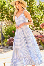 V-neck Tie Shoulder Strap Tier Stripe Print Maxi Oversize Dress | Mixtshop LLC