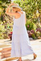 V-neck Tie Shoulder Strap Tier Stripe Print Maxi Oversize Dress | Mixtshop LLC