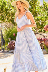 V-neck Tie Shoulder Strap Tier Stripe Print Maxi Oversize Dress | Mixtshop LLC