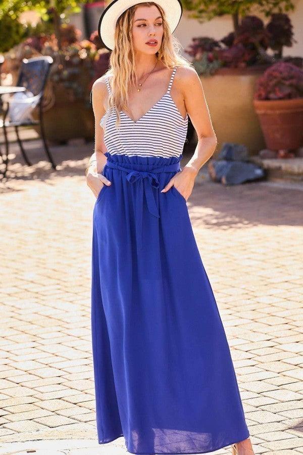 Striped Print Cami Sol Top Hi-waist Skirt Side Pocket Maxi Dress | Mixtshop LLC Main image