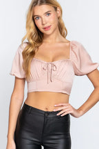 Short Slv Shirring Satin Crop Top | Mixtshop LLC