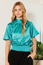 Waist Smocked Solid Satin Blouse | Mixtshop LLC