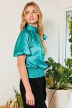 Waist Smocked Solid Satin Blouse | Mixtshop LLC