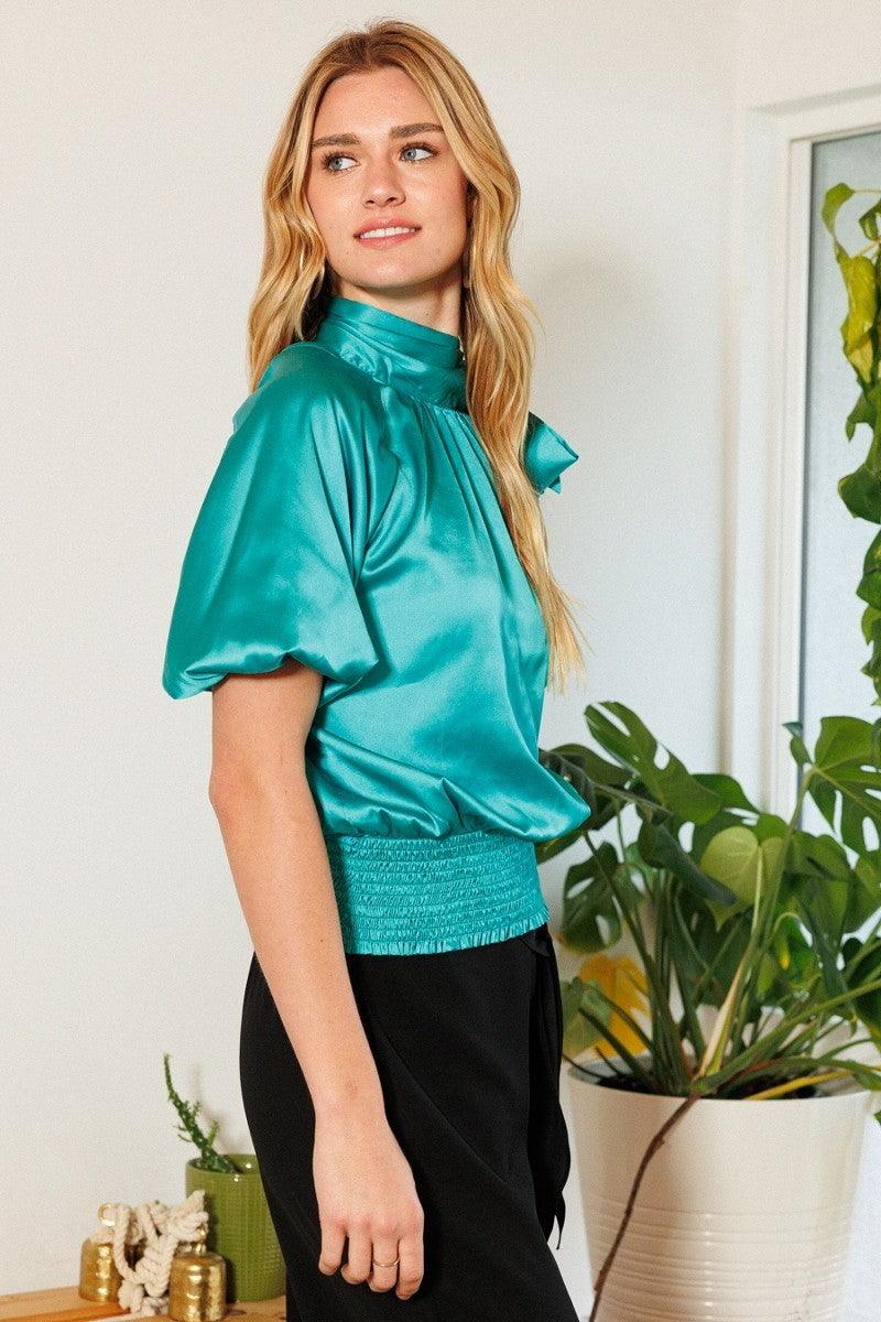 Waist Smocked Solid Satin Blouse | Mixtshop LLC