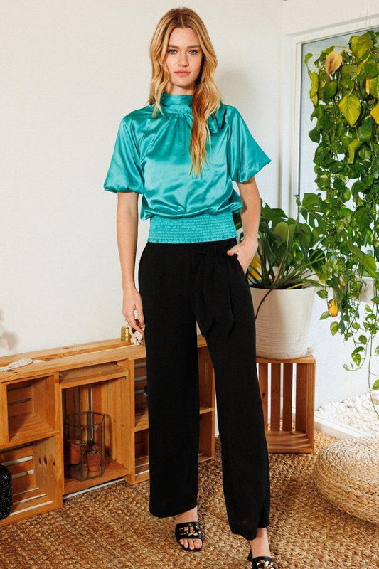Waist Smocked Solid Satin Blouse | Mixtshop LLC