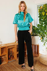 Waist Smocked Solid Satin Blouse | Mixtshop LLC