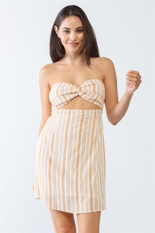 White & Apricot Stripe Print Strapless Twist Cut-out Smocked Back Mini Dress | Mixtshop LLC