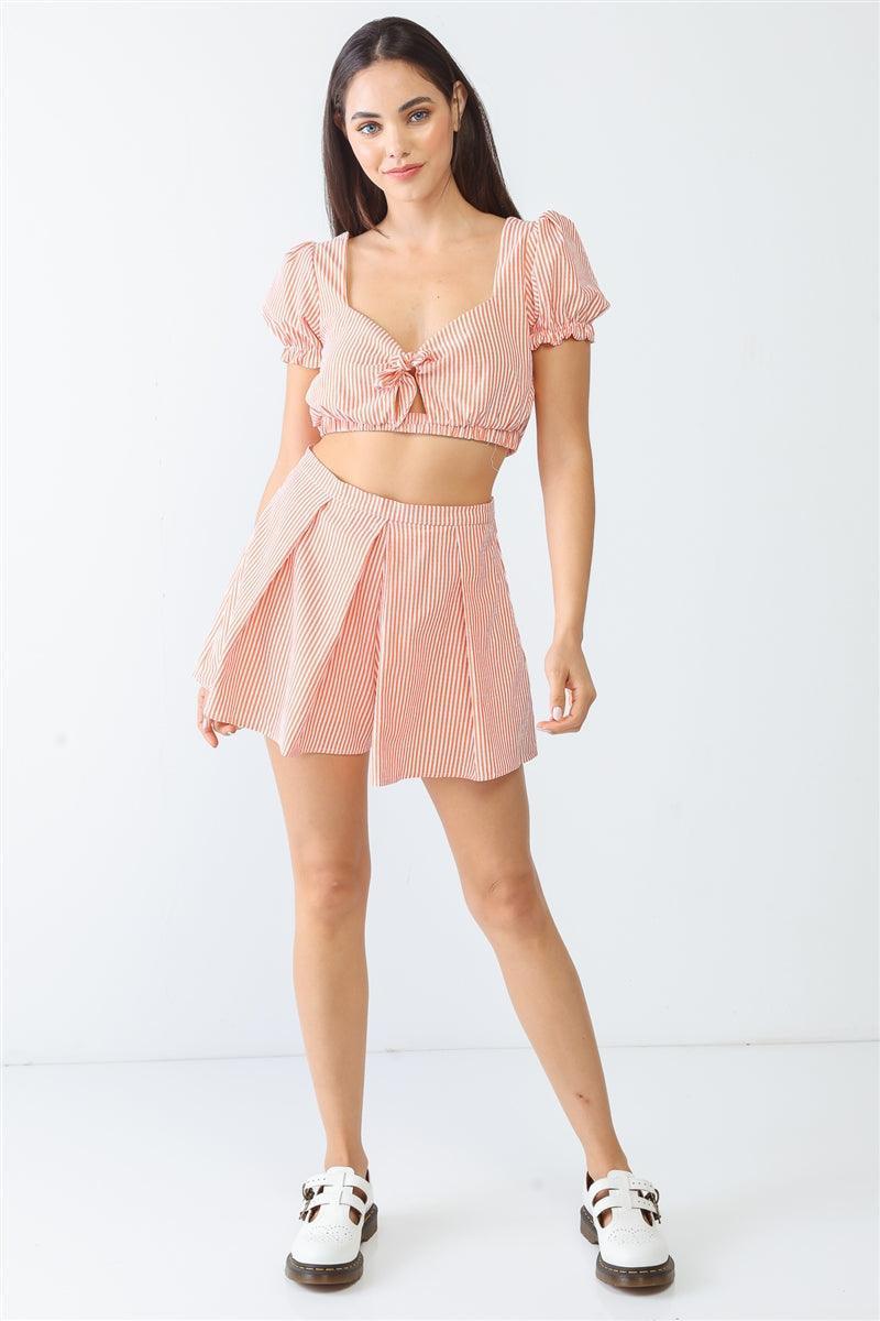 White & Orange Stripe Print Self-tie Short Sleeve Crop Top & High Waist Shorts Set Secondary image