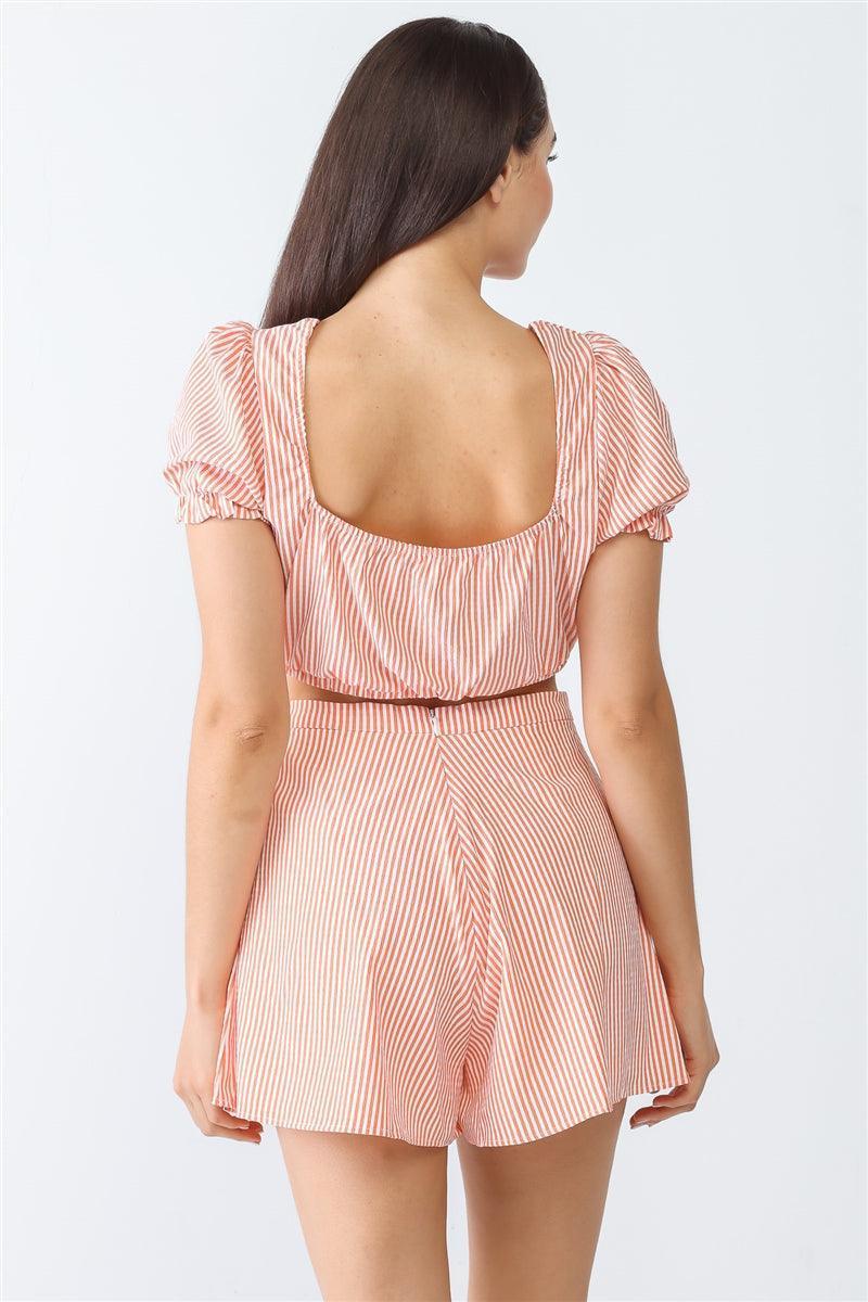 White & Orange Stripe Print Self-tie Short Sleeve Crop Top & High Waist Shorts Set | Mixtshop LLC