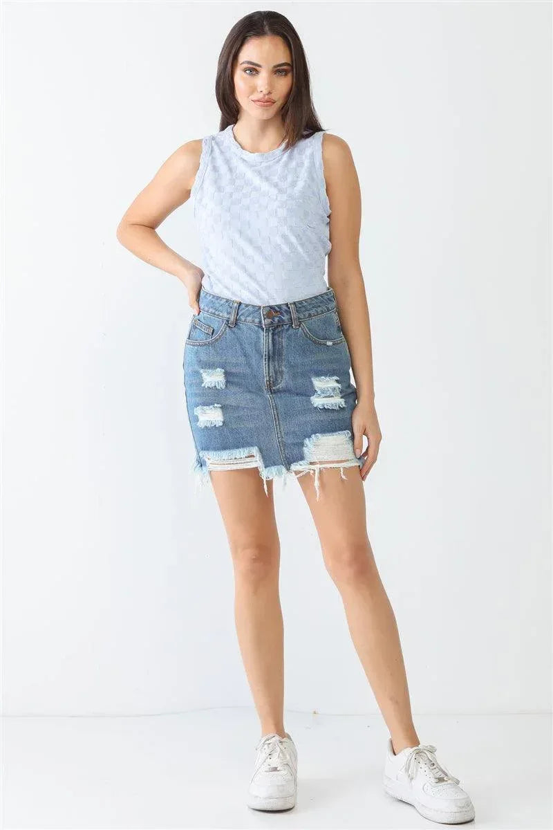Baby Blue Chess Cage Print Cotton Blend Sleeveless Bodysuit Secondary image