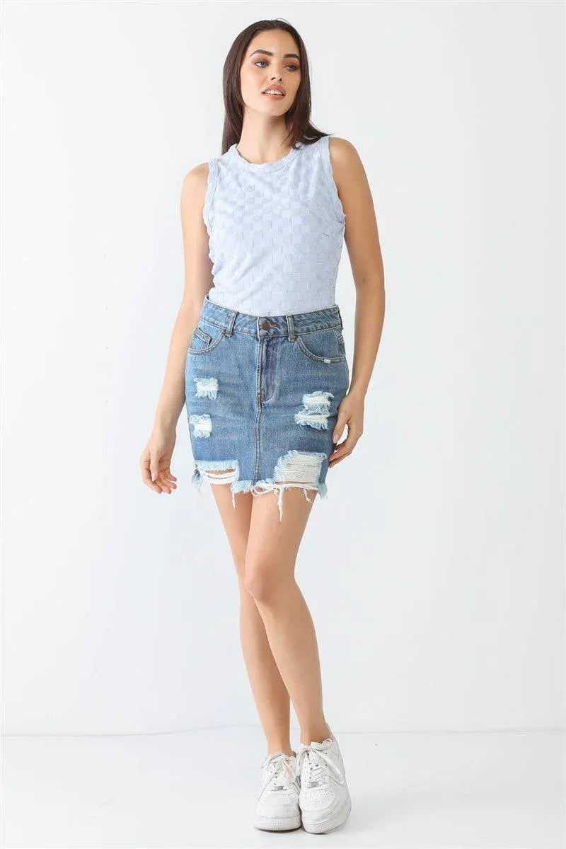Baby Blue Chess Cage Print Cotton Blend Sleeveless Bodysuit | Mixtshop LLC