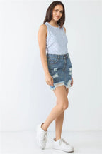 Baby Blue Chess Cage Print Cotton Blend Sleeveless Bodysuit | Mixtshop LLC