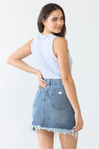 Baby Blue Chess Cage Print Cotton Blend Sleeveless Bodysuit | Mixtshop LLC