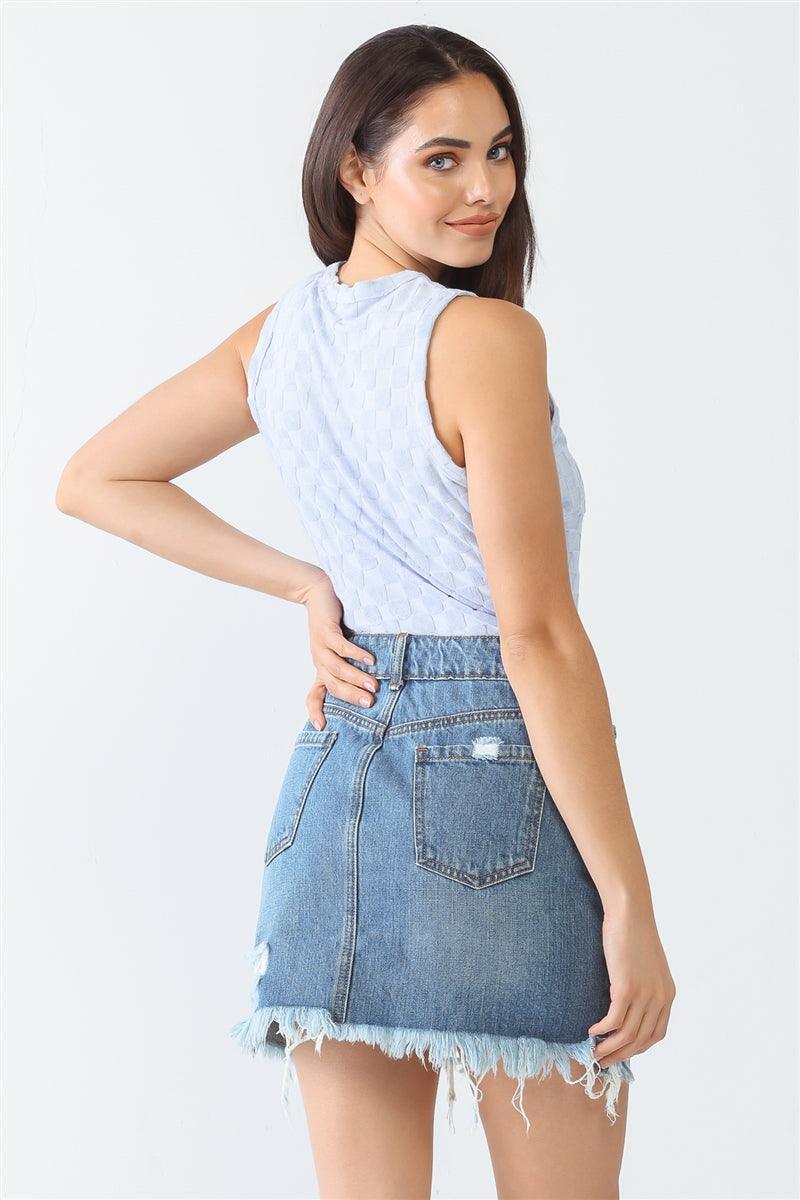 Baby Blue Chess Cage Print Cotton Blend Sleeveless Bodysuit | Mixtshop LLC