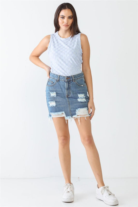 Baby Blue Chess Cage Print Cotton Blend Sleeveless Bodysuit | Mixtshop LLC